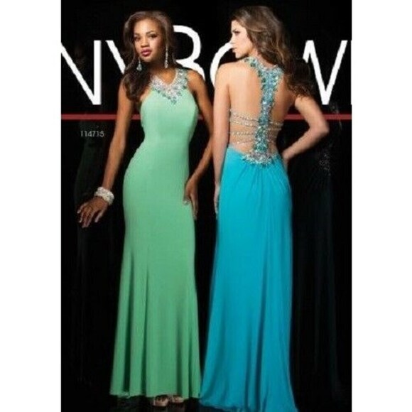 Tony Bowls Jersey Low Back Prom Dress 114715 Turquoise - Picture 1 of 7